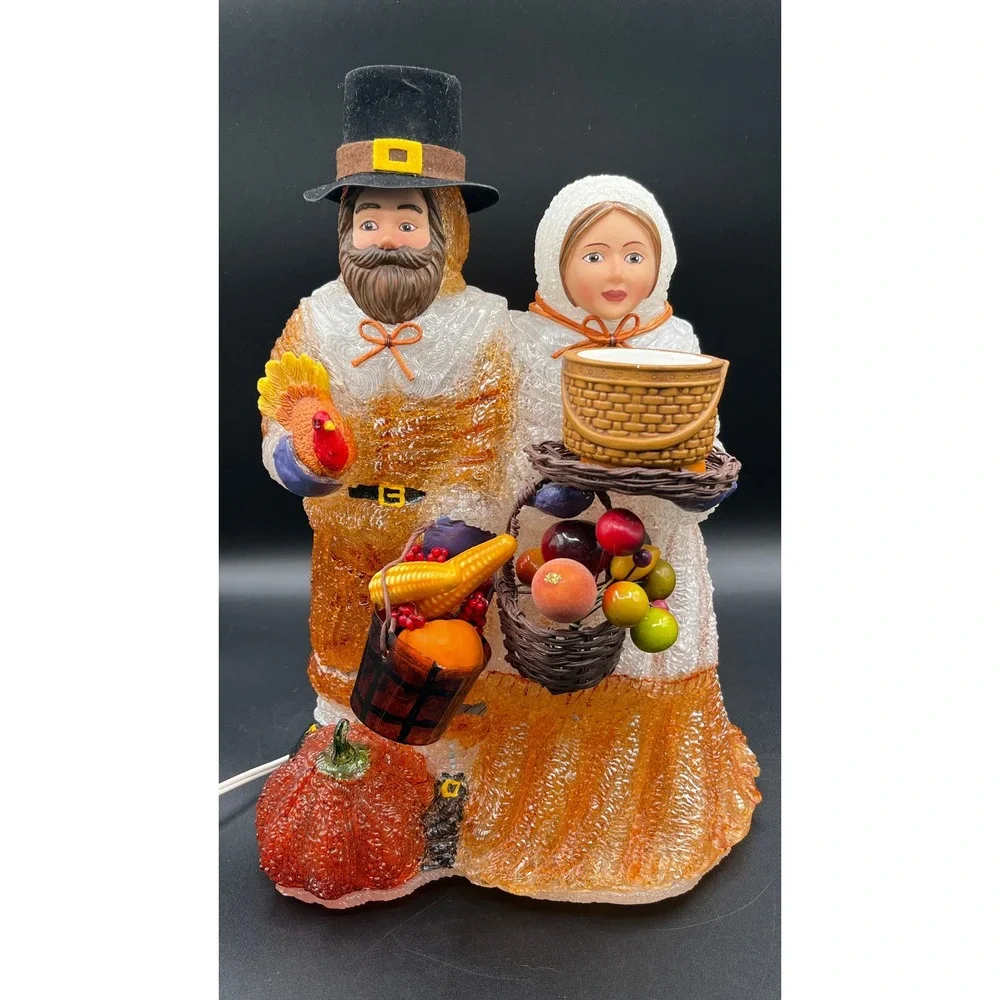 Iced Blow Mold-Style Acrylic Lamp Pilgrim Couple Thanksgiving Harvest Autumn 14